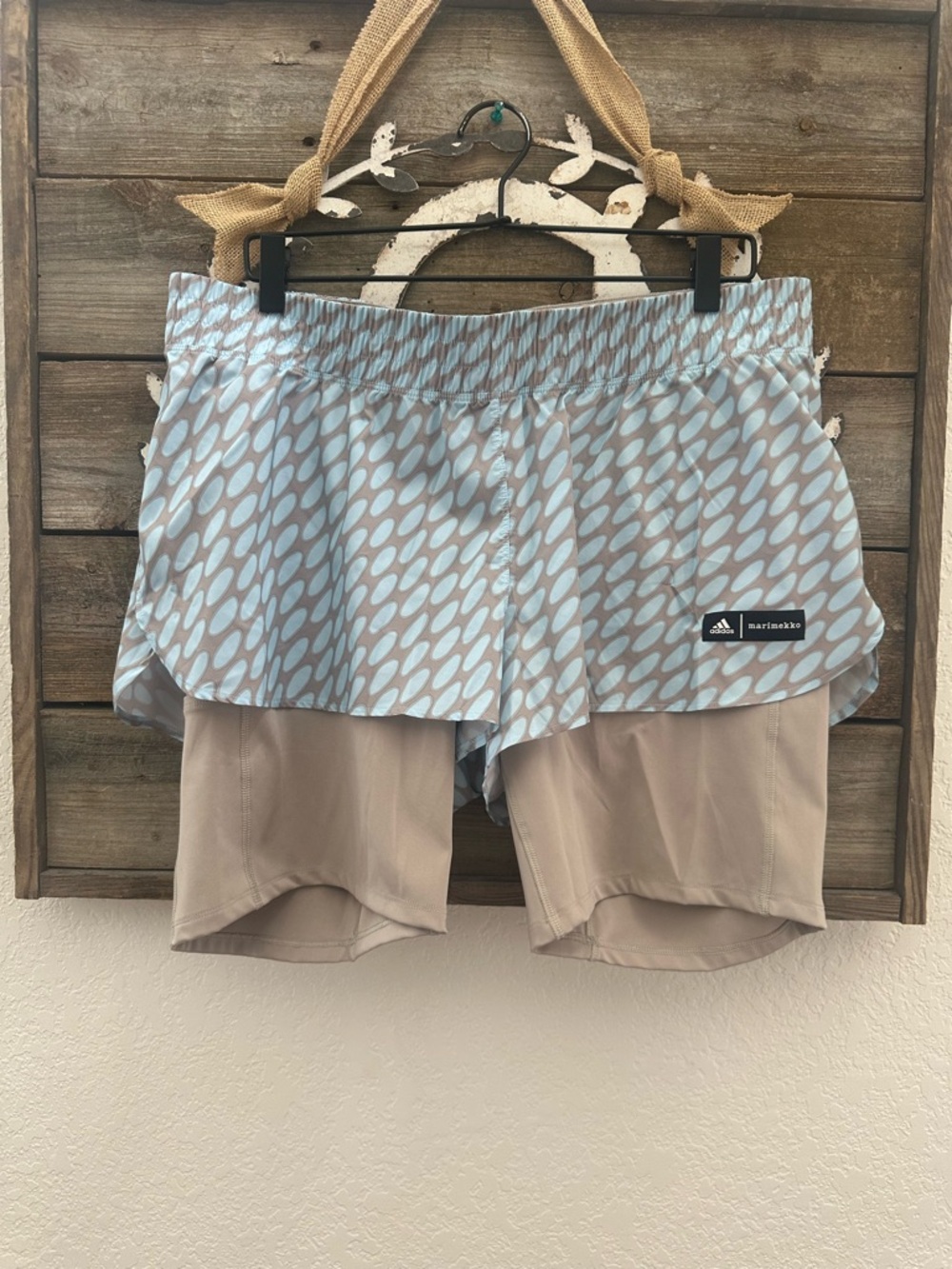Adidas x Marimekko Women's Layered Running Shorts in Light Blue and Tan size XL